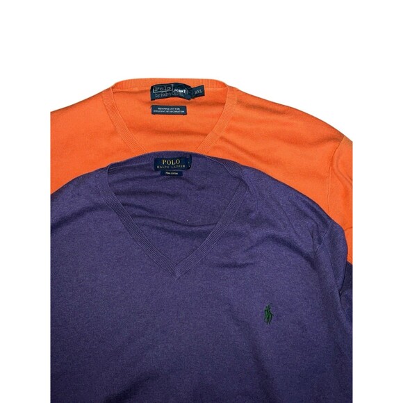 Lot of 2 Polo Ralph Lauren Mens 2XL Orange Purple Pima Cotton V-Neck Pullover - Picture 1 of 11